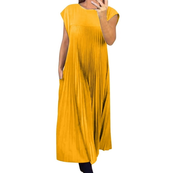 SMihono Women's Summer Loose Fit Pleated Ruffle Dresses A-Line Crew Neck Cap Sleeve Swing Long Dress with Pockets Yellow 10