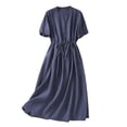 thumbnail image 1 of SMihono Women's Summer Loose Fit V Neck Button Down Short Sleeve Ruffle A Line Swing Dress with Belt Solid Color Linen Cotton Blend Midi Dresses Navy 12, 1 of 5