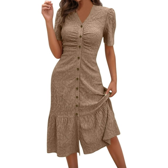 SMihono Women's Summer Puff Short Sleeve Button Down Maxi Shirt Dress Casual Mid-Rise Eyelet Jacquard Long Dresses Khaki S