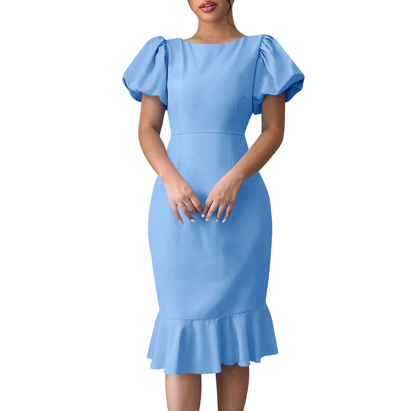 SMihono Women's Summer Puff Short Sleeve Mermaid Dress Elegant Office Slim  Solid Party Dress Bodycon Ruffle Dress Sky Blue L - Walmart.com