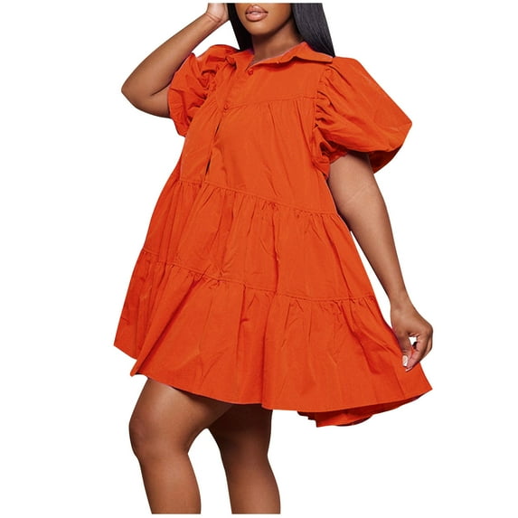 SMihono Women's Summer Puff Sleeve Ruffle Tiered Shirt Collar A-Line Swing Mini Dress Tunic Dresses Orange 14