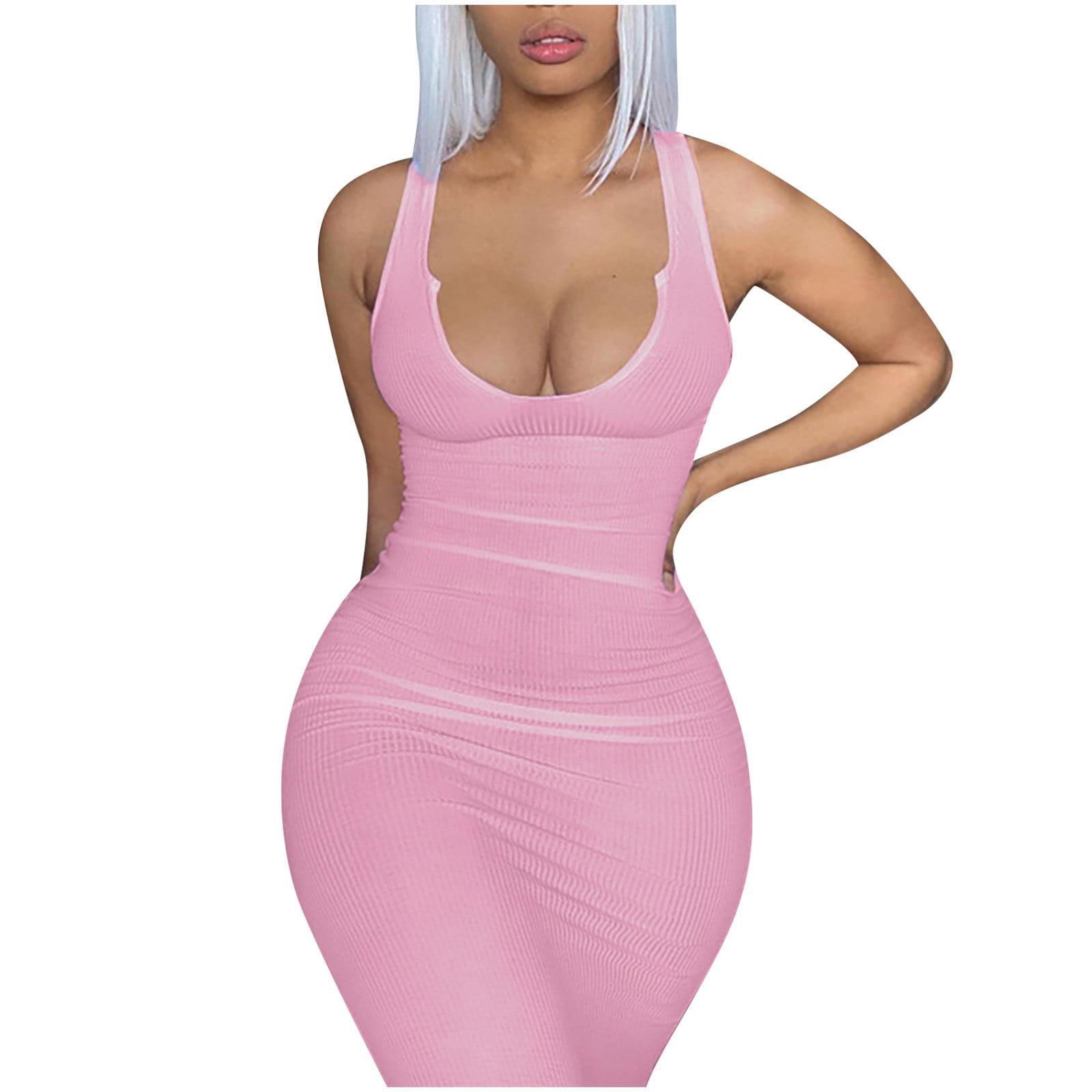 SMihono Women's Summer Ribbed Party Club Dress Tight Bodycon Plus Size  Sleeveless Prom Dress Solid Sundress Sexy Deep V Neck Babydoll Slim Fit Hip  Wrap Flowy Smocked Pastel Trendy Pink 8 