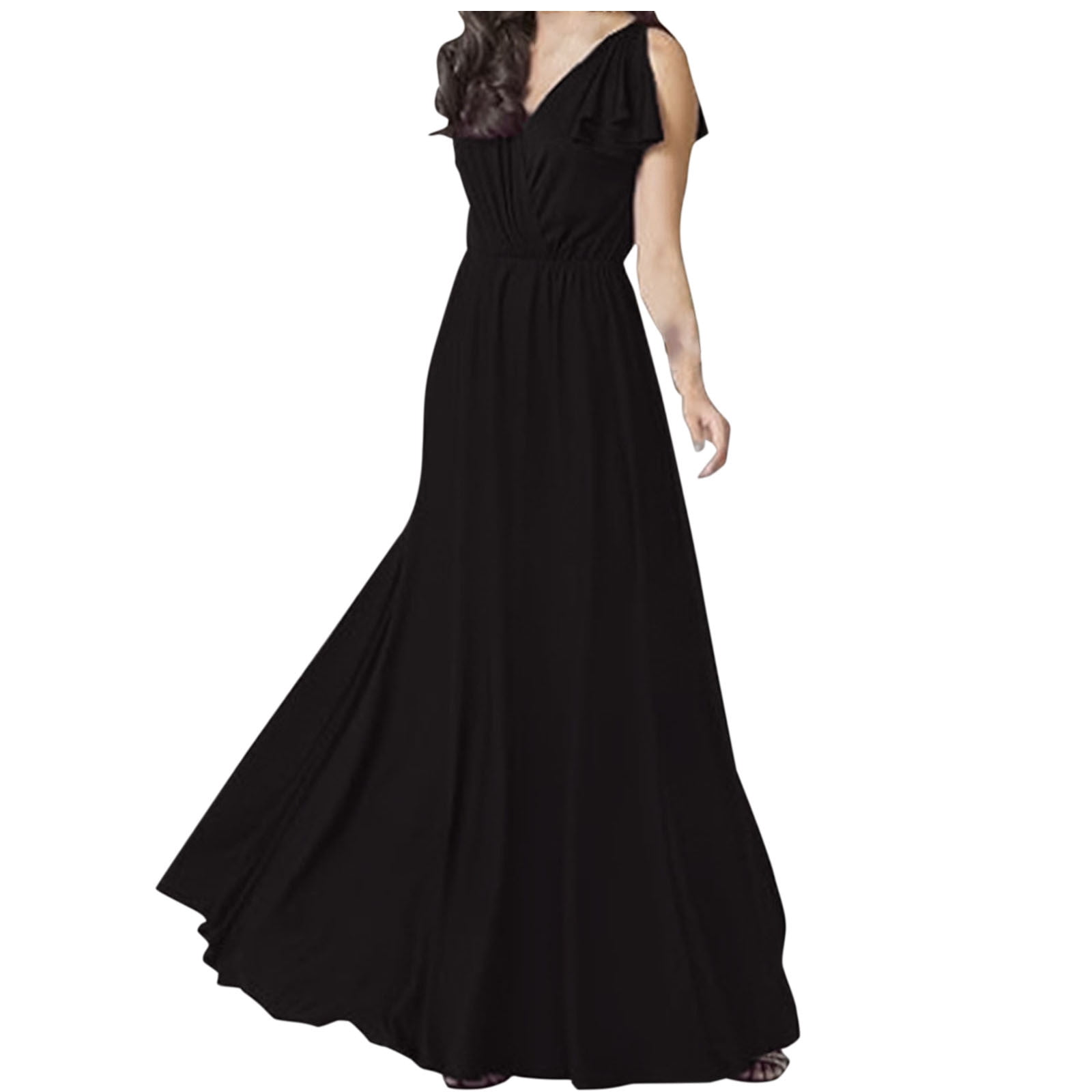 SMihono Women's Summer Ruffle Dress V Neck Ruffle Sleeve Loose Pleated Flowy  Long Dress Solid Color Maxi Dresses with Ruffle Hem Black 8 - Walmart.com