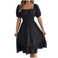 thumbnail image 1 of SMihono Women's Summer Ruffle Dresses Pleated Elastic High Waist Square Neck Puff Sleeve Short Sleeve Loose Fit A-Line Mini Dress Black 10, 1 of 8