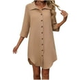 thumbnail image 1 of SMihono Women's Summer Short Sleeve Turndown Collar Dress Casual Button Down Slim Fit Business Office Dresses 2025 Basic Shirt Dress Brown M, 1 of 7