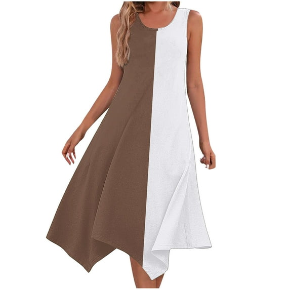 SMihono Women's Summer Sleeveless Color Block Dress V-Neck Irregular Hem Loose Fit Swing Dresses A-Line Short Dress Brown 6