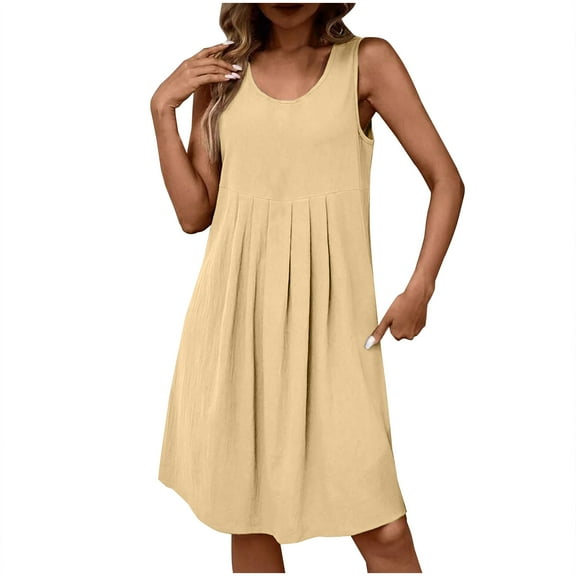 SMihono Women's Summer Sleeveless Cotton Linen Dress Casual Crew Neck Pleated Loose Fit Midi A-line Tank Dresses Khaki XXL