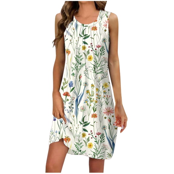 SMihono Women's Summer Sleeveless Floral Printed Tank Dress A-Line Swing Mini Dress Round Neck Loose Fit Beach Dresses Pockets Beige 10