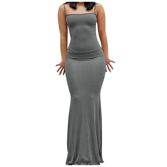 SMihono Women's Summer Solid Color Ruched Bodycon Long Dresses Sexy Backless Spaghetti Strap Evening Party Maxi Dress Clubwear Gray 6