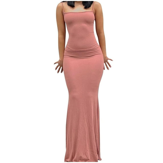 SMihono Women's Summer Solid Color Ruched Bodycon Long Dresses Trendy Backless Spaghetti Strap Evening Party Maxi Dress Clubwear Pink 4