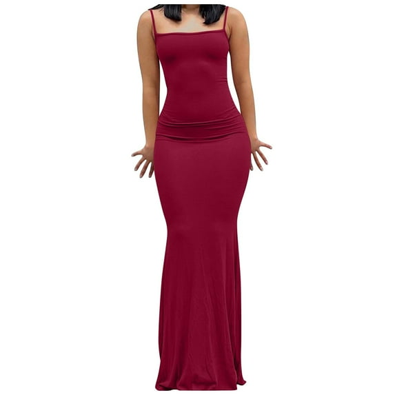 SMihono Women's Summer Solid Color Ruched Bodycon Long Dresses Trendy Backless Spaghetti Strap Evening Party Maxi Dress Clubwear Wine 4