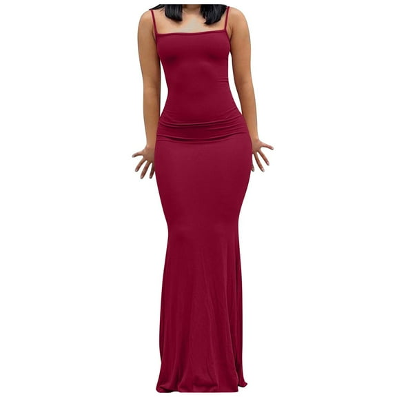 SMihono Women's Summer Solid Color Ruched Bodycon Long Dresses Trendy Backless Spaghetti Strap Evening Party Maxi Dress Clubwear Wine 4