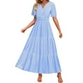 thumbnail image 1 of SMihono Women's Summer V Neck Maxi Dress Short Sleeve Pleated Solid High Waist A Line Tiered Flowy Swing Boho Vacation Dresses Blue L, 1 of 7