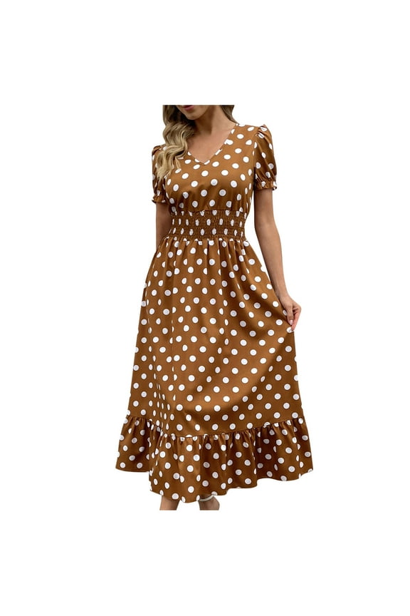 Women's Summer V-Neck Short Sleeve Polka Dot Ruffle Dress with Belt A-Line Long Maxi Dresses Coffee 10