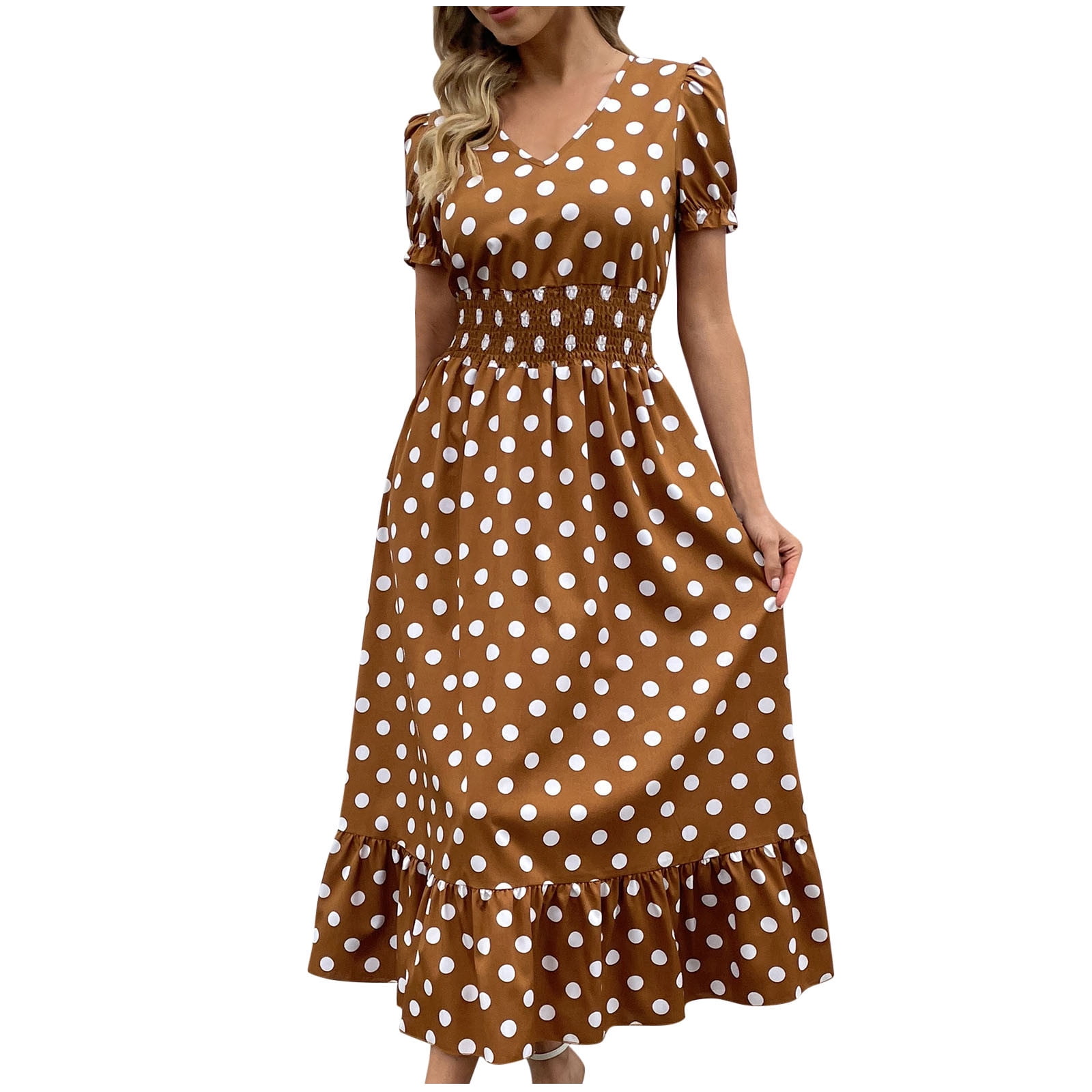 SMihono Women's Summer V-Neck Short Sleeve Polka Dot Ruffle Dress with Belt  A-Line Long Maxi Dresses Coffee 8 - Walmart.com