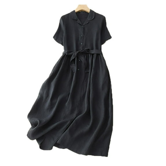 SMihono Women's Summer Vintage Cotton Linen Shirt Dress – Turndown Collar Loose Fit Casual Midi Dress Daily Wear Navy XL