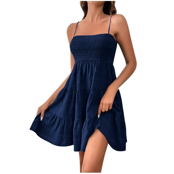 SMihono Women's Sundress Smock Cami Mini Dress Sleeveless Pleated Swing A Line Short Dresses Casual Cute Summer Dresses Navy M