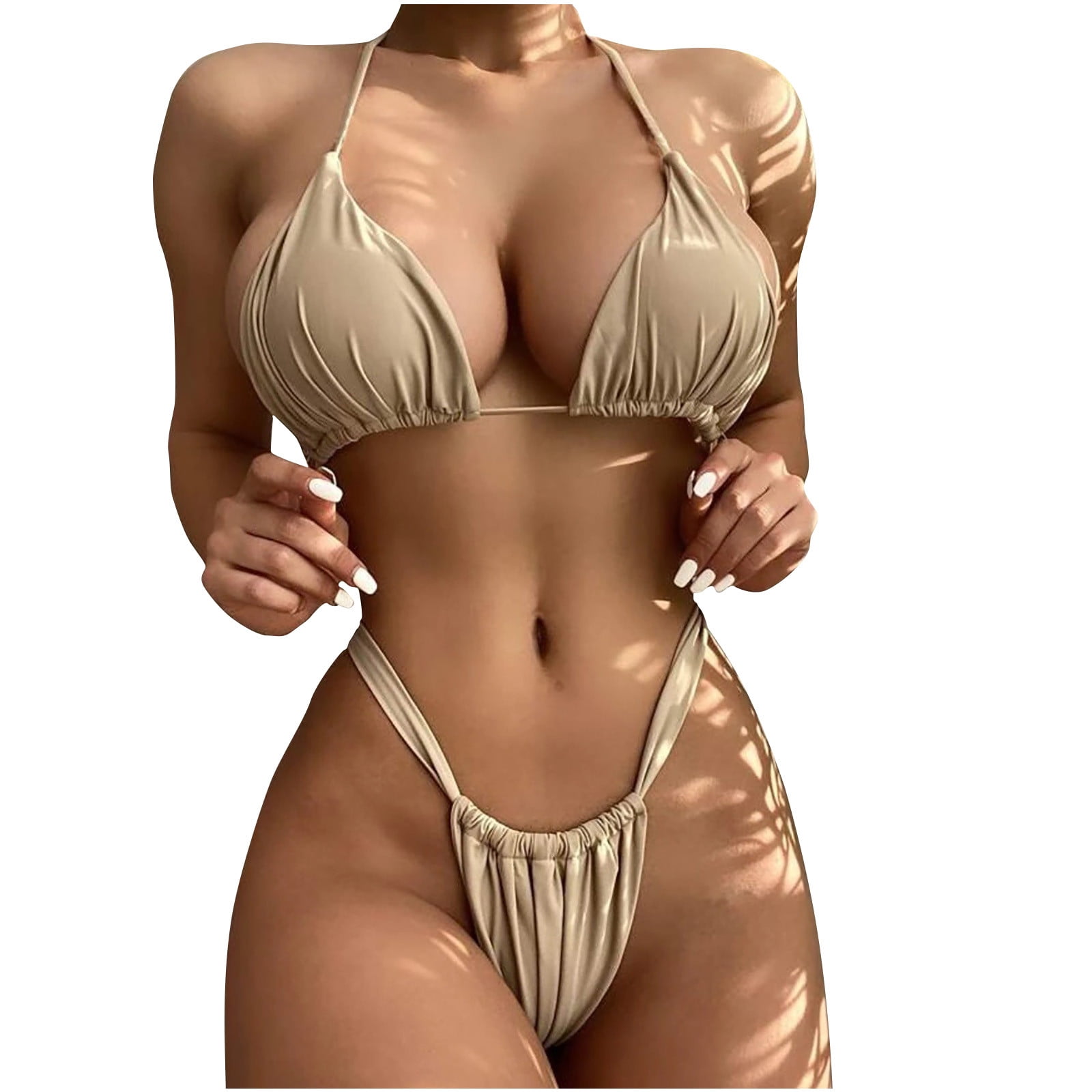 SMihono Women s Tiny Bikini Swimsuit Triangle Swimwear Sets Solid Color Beachwear Strappy Halter Bathing Suit Summer Fashion Cozy Outfits for Girls Female Leisure Brown 10 Walmart