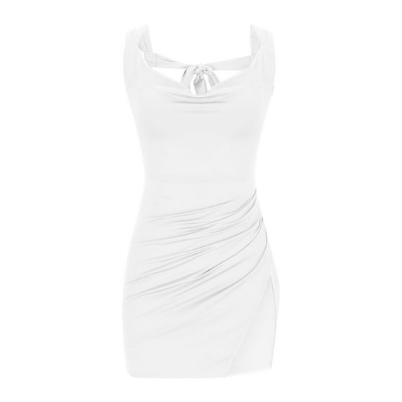 SMihono Women's Trendy Club Party Dress Solid Color Backless Ruched Bodycon Mini Dress for Women 2024 Sleeveless Crewneck Short Dress White 6