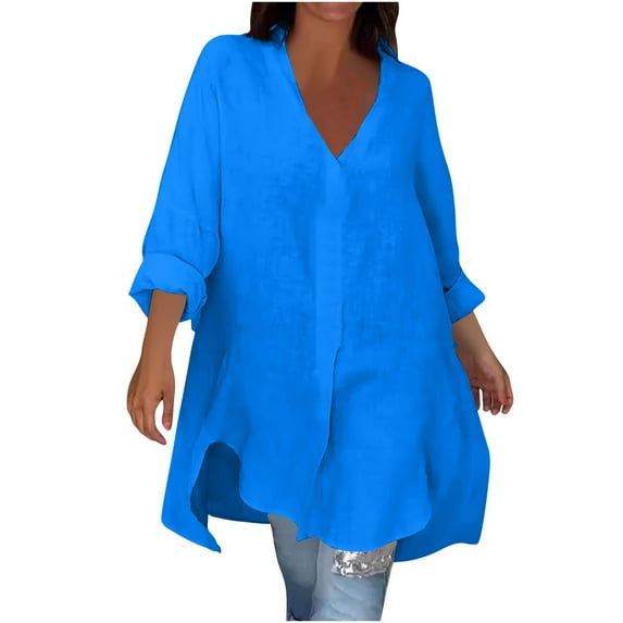 SMihono Women's V Neck Cotton Linen Shirt Dress Top Long Sleeve Plus Size Casual Loose Solid Blouses Flowy Beach Tunic Mini Dress Blue L
