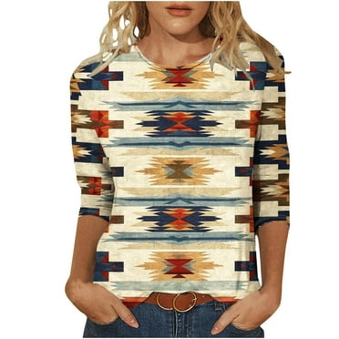 SMihono Women's V-Neck T-Shirt Long Sleeve Tops Ethnic Style Printed Loose Fit Tunic Blouses Crewneck Pullover Sweaters Shirts Khaki 8