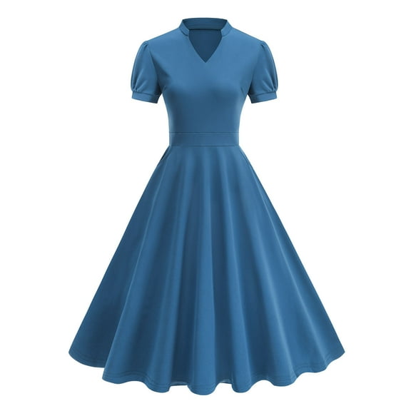 SMihono Women's Vintage 1950s Swing Midi Dress Elegant V Neck Puff Sleeve Empire Waist Formal Tea Party Cocktail Dresses Blue XXL