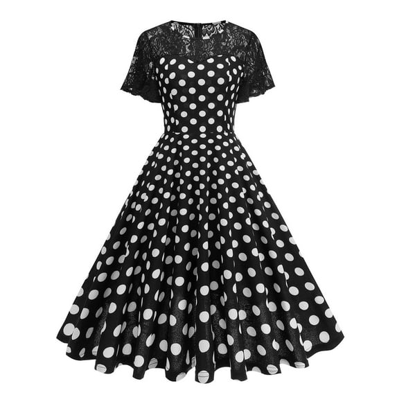 SMihono Women's Vintage Polka Point Cocktail Dress Trendy Hepburn Style Lace Short Sleeve Pleated A-Line Party Swing Dresses Black S
