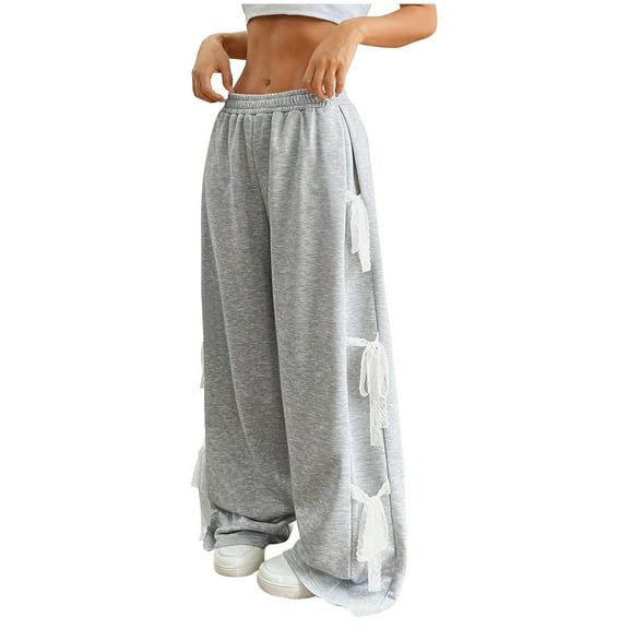 SMihono Women's Wide Leg Baggy Sweatpants Elastic Waist Tie Bow Pants Loose Long Pants Lacing Elastic Waist Pockets Long Pants Gray 10