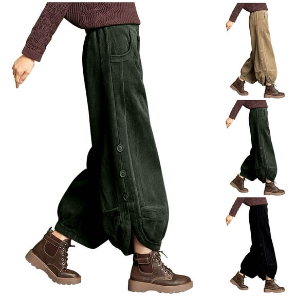SMihono Women's Winter Loose Baggy Sherpa Lined Corduroy Pants Elastic High Waisted Side Button Split Wide Leg Trouser Black XXL