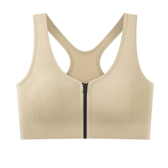 SMihono Women's Zip Front Sports Bra Wireless Post-Surgery Bra Fashion Solid Racerback Active Yoga Sports Bras Beige Free Size
