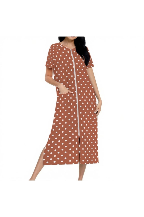 Women's Zipper Robe Short Sleeve Polka Dot Housecoats Full Length House Dress Loungewear Long Nightgown with Pockets Brown M