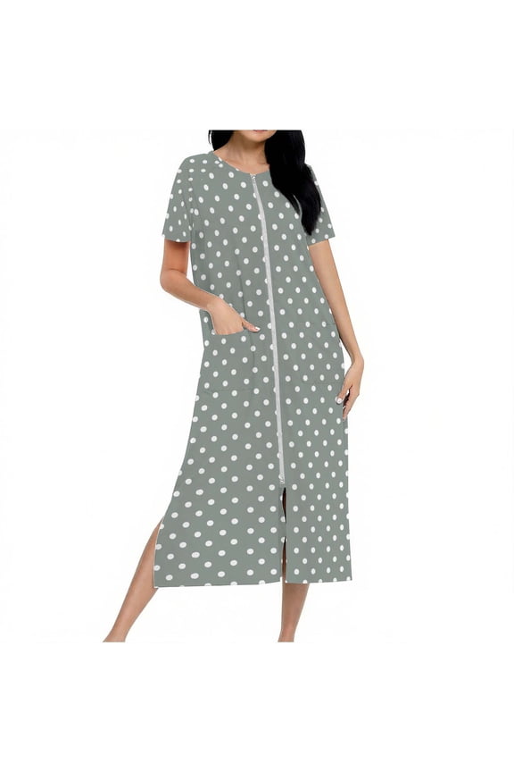 Women's Zipper Robe Short Sleeve Polka Dot Housecoats Full Length House Dress Loungewear Long Nightgown with Pockets Gray S