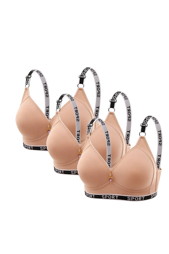 Womens 3 Pack Support Bras Comfortable Full Coverage Bra Wireless Beaded Bras Everyday Sport Push Up Bralette Beige L