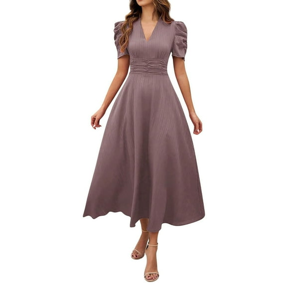 SMihono Womens A Line Dress Formal Summer Elegant Dresses Trendy Casual V Neck Dress Short Sleeve Vacation Cocktail Dress Purple S