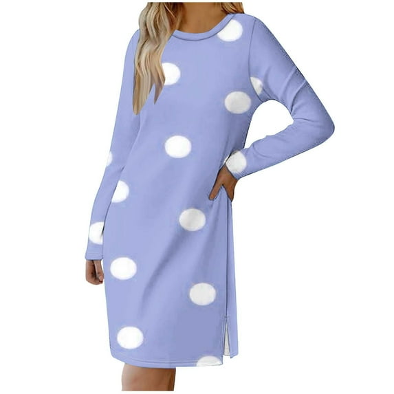 SMihono Womens Casual Long Sleeve Dress Fashion Dot Print Side Split Comfy Midi Dress Dressy Crewneck Spring Tunic Dress Tops Blue 10