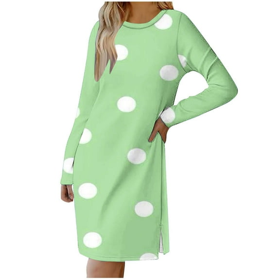 SMihono Womens Casual Long Sleeve Dress Fashion Dot Print Side Split Comfy Midi Dress Dressy Crewneck Spring Tunic Dress Tops Green 10