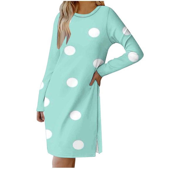 SMihono Womens Casual Long Sleeve Dress Fashion Dot Print Side Split Comfy Midi Dress Dressy Crewneck Spring Tunic Dress Tops Light Blue 6