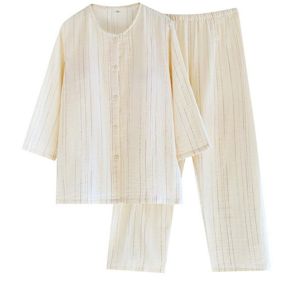 SMihono Womens Cotton Gauze Pajamas Set 2 Piece Casual Breathable Loungewear Button Down Long Sleeve Shirts Top Pants Sets Beige M