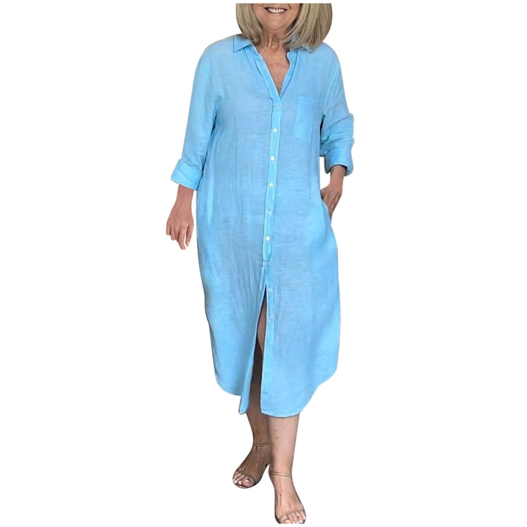 SMihono Womens Cotton Linen Button Down Dress Casual Loose Long Sleeve  Basic Shirt Dresses Summer Comfy Solid Color Midi Dress Sky Blue M -  Walmart.com