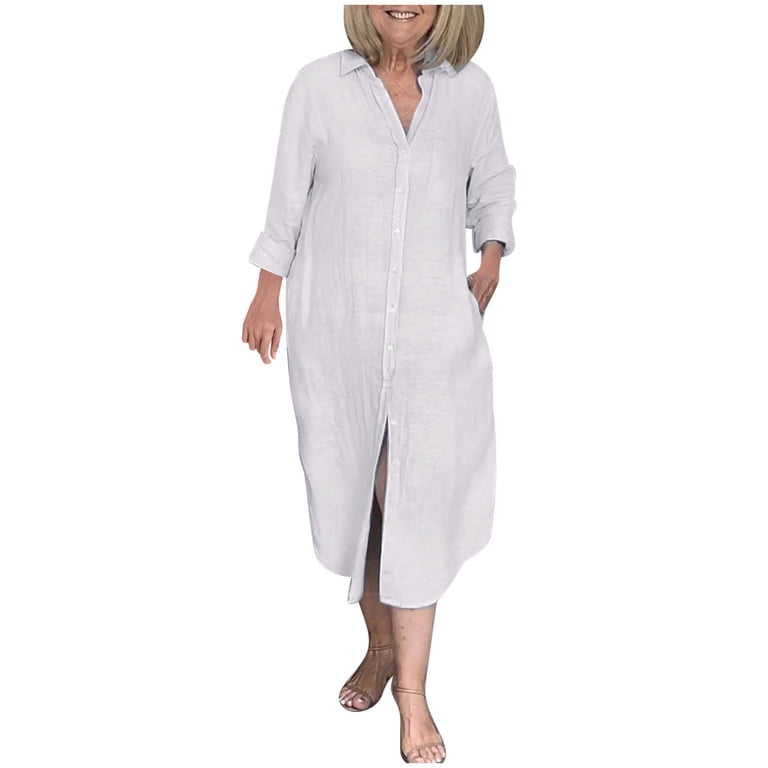 SMihono Womens Cotton Linen Button Down Dress Casual Loose Long Sleeve  Basic Shirt Dresses Summer Comfy Solid Color Midi Dress White M -  Walmart.com
