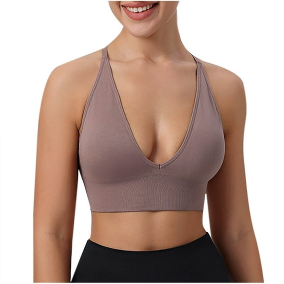 SMihono Womens Deep V-Neck Longline Sports Bra, Strappy Criss Cross Padded Cups Adjustable Spaghetti Straps Workout Yoga Crop Top Brown 4