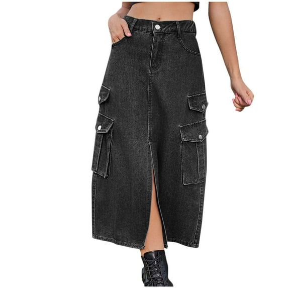 SMihono Womens Denim Long Skirts Front Split Denim Midi Cargo Y2k Casual Jean Skirts with Pockets Cargo Skirt Gray 12