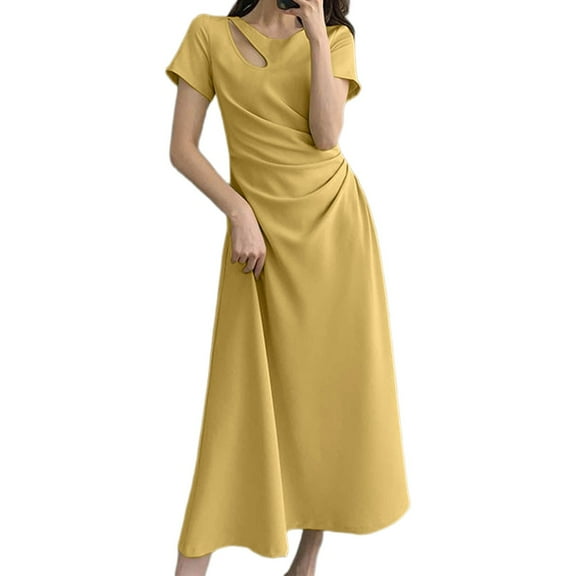 SMihono Womens Dress Hollow Out Crew Neck Short Puff Sleeves Solid Fold Dresses Summer Elegant Tunic Long Dresses Yellow XXXL