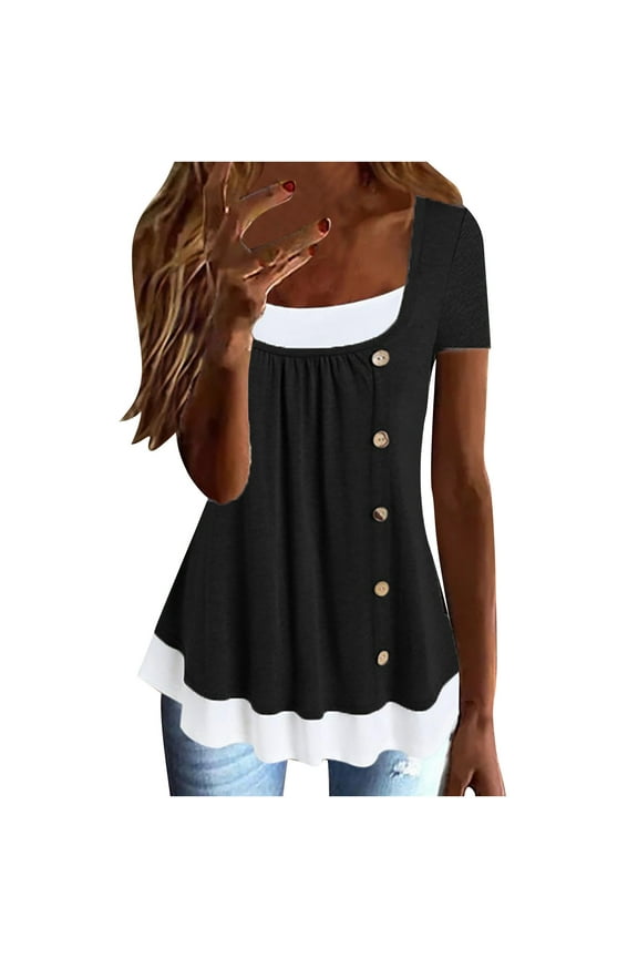 Womens Fake Two-piece Peplum T-Shirts Trendy U Neck Summer Tops Pleated Swing Buttons Loose Fit Flowy Casual Shirts Spring Cute Solid Color Basic Tees Raglan Sleeve Short Sleeve Black XXL
