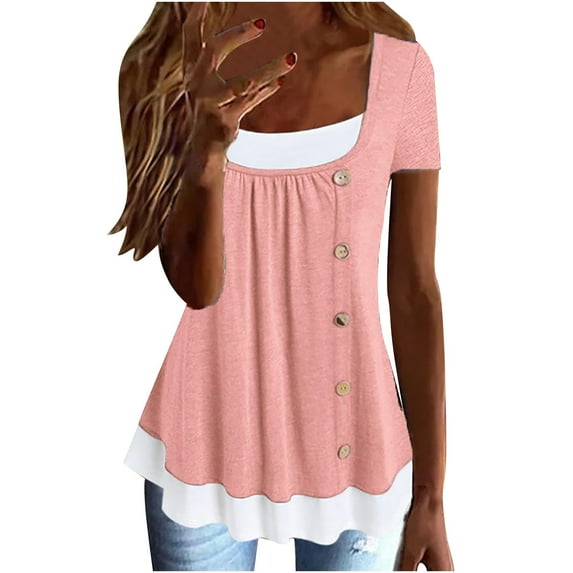 SMihono Womens Fake Two-piece Peplum T-Shirts Trendy U Neck Summer Tops Pleated Swing Buttons Loose Fit Flowy Casual Shirts Spring Cute Solid Color Basic Tees Raglan Sleeve Short Sleeve Pink 10