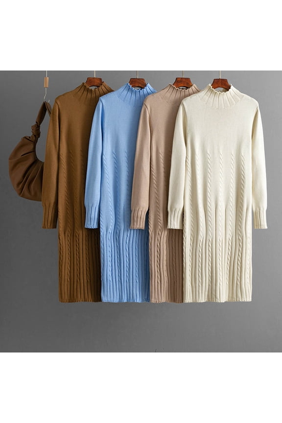Womens Fall Winter Dresses Mock Neck Long Sleeve Midi Dress Loose Thick Knee Length Knit Dresses Casual Sweater Dress Black Free Size