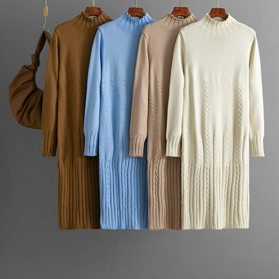 SMihono Womens Fall Winter Dresses Mock Neck Long Sleeve Midi Dress Loose Thick Knee Length Knit Dresses Casual Sweater Dress Khaki Free Size