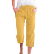 SMihono Womens Fashion Womens Casual Solid Color Elastic Loose Pants Straight Wide Leg Trousers With Pocket 2023 Trendy Summer Autumn Holiday Leggings Yoga Stretch Pants Cargo Trousers Yellow 8