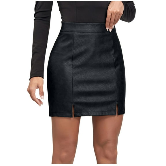 SMihono Womens Faux Leather Mini Skirt, High Waisted Bodycon Pencil Skirt for Women and Teens, Slit Hem Party Short Skirt Black 8