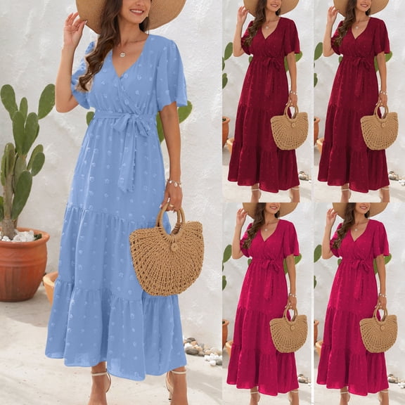 SMihono Womens Flowy Long Polka Dots Dress for Beach Vacation Summer Short Sleeve Tiered Maxi Dresses V Neck Boho Sundress Hot Pink S